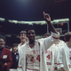 David Thompson and his NC State teammates after knocking out Bill Walton and UCLA for a national championship in 1974.